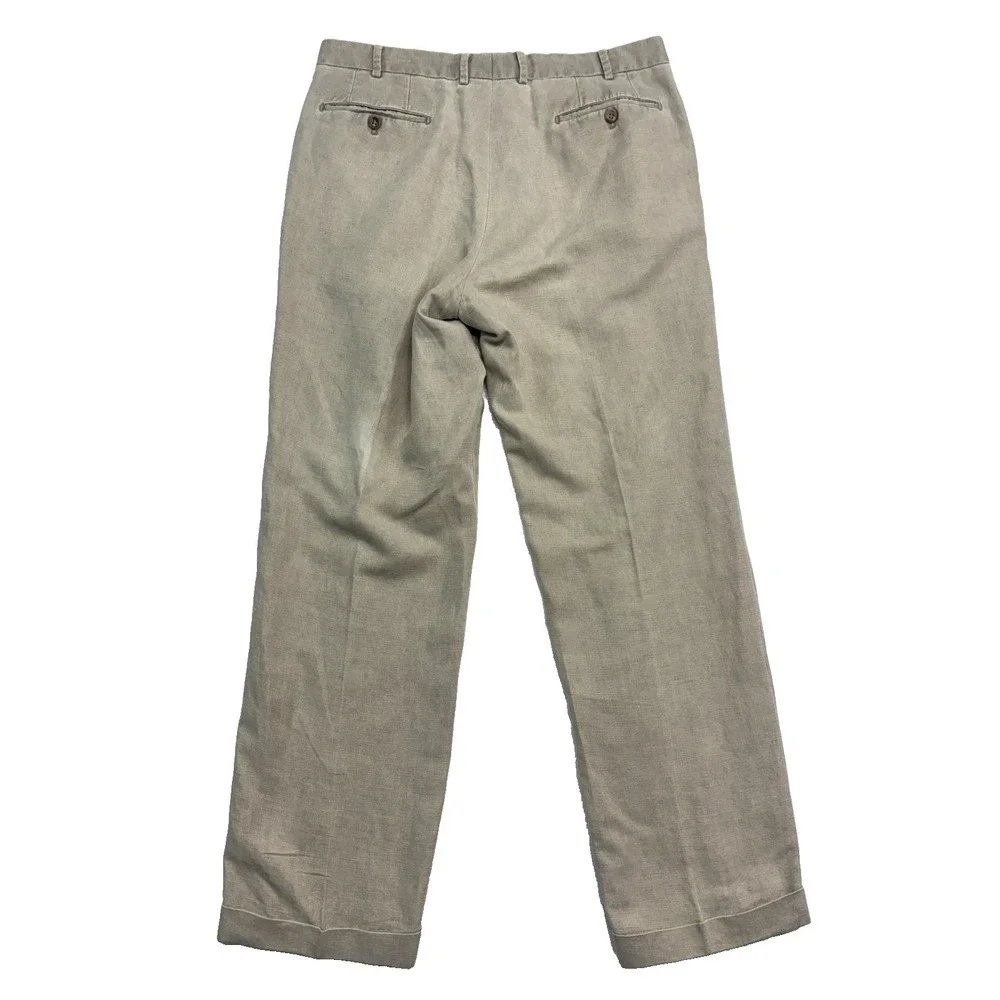 Hiltl 36x30 Beige Linen Cotton Washed Trousers Dress Pants Flat Front Cuffed